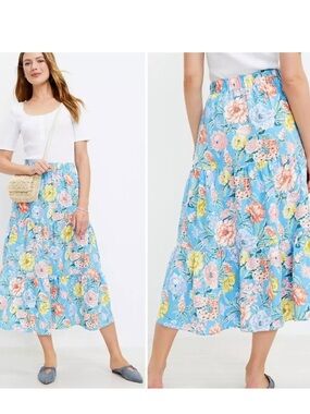 NWT LOFT Floral Linen Blend Tiered
Pull-on Midi Skirt Cottagecore Medium Petite